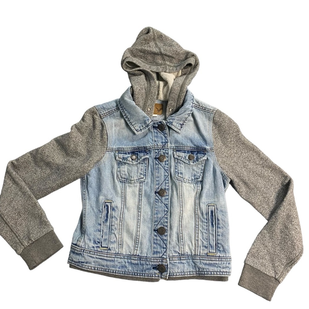 American Eagle Outfitters Light Blue Denim Jacket with Gray Sleeves